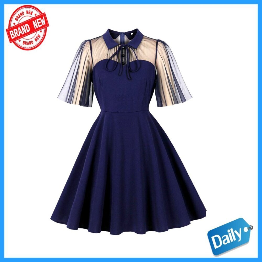 Vintage Gothic Cocktail Dress with Keyhole Collar and Illusion Mesh Sleeves